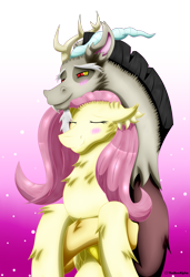 Size: 2221x3251 | Tagged: safe, artist:thebenalpha, imported from derpibooru, discord, fluttershy, draconequus, pegasus, pony, blushing, chest fluff, discoshy, duo, duo male and female, ear fluff, eyes closed, female, floppy ears, fluffy, folded wings, gradient background, high res, holding a pony, hug, male, mare, purple background, shipping, simple background, smiling, straight, wings