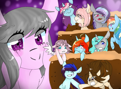 Size: 1728x1272 | Tagged: safe, artist:sirena-flitter, imported from derpibooru, rainbow dash, oc, oc:akari, oc:artie brush, oc:martee, oc:perry notes, oc:rain, oc:sirena flitter, oc:sketchy howl, oc:sweet tune, oc:viv, earth pony, pegasus, pony, unicorn, birthday cake, blushing, cake, female, food, happy birthday, horn, mare, multicolored hair, ponytail, rainbow hair, scared, screaming, smiling, unamused, wings