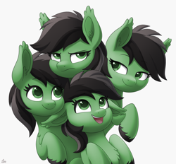 Size: 2050x1900 | Tagged: safe, artist:luminousdazzle, edit, editor:maonyman, imported from derpibooru, oc, oc only, oc:filly anon, earth pony, pony, chest fluff, clone, commission, cute, ear fluff, ear tufts, female, filly, floppy ears, grumpy, long ears, looking at each other, looking at someone, mare, multeity, open mouth, self paradox, self ponidox, simple background, smiling, smug, unshorn fetlocks, white background