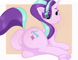 Size: 2048x1571 | Tagged: safe, artist:twa1kaart, imported from derpibooru, starlight glimmer, pony, unicorn, bedroom eyes, butt, commission, commissioner:branagain, dock, eye clipping through hair, eyebrows, eyebrows visible through hair, featureless crotch, female, frog (hoof), glimmer glutes, grin, looking at you, looking back, looking back at you, lying down, mare, plot, prone, rear view, smiling, smiling at you, solo, tail, underhoof