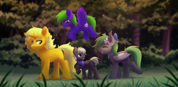 Size: 3683x1813 | Tagged: safe, artist:dinoalpaka, imported from derpibooru, oc, oc only, oc:aqua grass, bat pony, pegasus, pony, unicorn, bandana, bat pony oc, bow, collar, commission, female, filly, flower, flower in hair, flying, foal, forest, hair bow, horn, male, mare, open mouth, stallion, wings