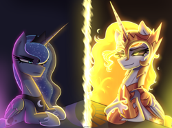 Size: 2856x2128 | Tagged: safe, artist:opal_radiance, imported from derpibooru, daybreaker, princess celestia, princess luna, alicorn, pony, equestria at war mod, talking