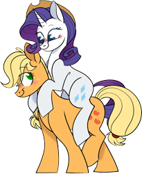 Size: 1352x1649 | Tagged: safe, artist:wolpertinger, imported from derpibooru, applejack, rarity, earth pony, pony, unicorn, accessory swap, applejack's hat, blushing, cowboy hat, female, hat, lesbian, looking at each other, looking at someone, ponies riding ponies, rarijack, rarity riding applejack, riding, shipping, simple background, smiling, smiling at each other, transparent background