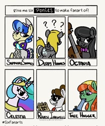 Size: 569x679 | Tagged: safe, artist:spagootis, imported from derpibooru, derpy hooves, octavia melody, princess celestia, raven, sapphire shores, tree hugger, six fanarts, bong, bubble butt, butt, cello, drugs, female, mare, meme, musical instrument, plot