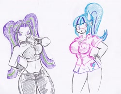 Size: 2592x2019 | Tagged: safe, artist:elgatosabio, imported from derpibooru, aria blaze, sonata dusk, human, equestria girls, bandeau, belly button, big breasts, blushing, breasts, busty aria blaze, busty sonata dusk, clothes, drinking, duo, duo female, female, grin, high res, nervous, nervous grin, panties, pants, partial color, shirt, skirt, smiling, sweat, sweatdrop, thong, traditional art, underwear