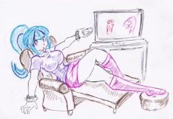 Size: 2863x1979 | Tagged: safe, artist:elgatosabio, imported from derpibooru, sonata dusk, human, equestria girls, armchair, big breasts, breasts, busty sonata dusk, chair, female, high res, partial color, remote, sitting, solo, television, traditional art