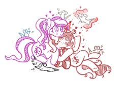 Size: 724x508 | Tagged: safe, artist:redpalette, imported from derpibooru, oc, oc only, oc:red palette, oc:violet ray, earth pony, rat, unicorn, choker, clothes, cute, earth pony oc, horn, magic, pet, scarf, simple background, sketch, smiling, snuggling, unicorn oc, white background