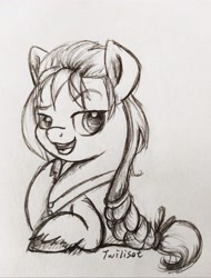 Size: 3077x4049 | Tagged: safe, artist:twiliset, imported from derpibooru, sunny starscout, earth pony, pony, spoiler:g5, confident, cute, g5, looking at you, pencil drawing, simple background, smiling, smiling at you, teeth, traditional art