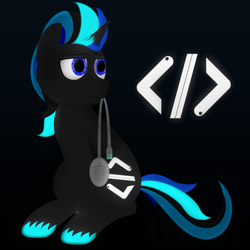 Size: 2000x2000 | Tagged: safe, artist:mrkm, derpibooru exclusive, imported from derpibooru, oc, oc only, oc:source code, pony, unicorn, black background, black fur, blue eyes, computer mouse, cutie mark, glowing, glowing cutie mark, glowing eyes, glowing hooves, glowing mane, glowing tail, horn, male, mouth hold, rule 63, simple background, sitting, stallion, tail