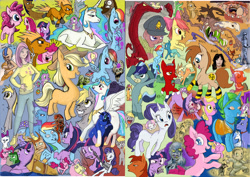 Size: 4961x3508 | Tagged: safe, artist:jowyb, imported from derpibooru, apple bloom, applejack, basil, derpy hooves, fluttershy, gummy, nightmare moon, opalescence, pinkie pie, princess celestia, rainbow dash, rarity, scootaloo, silver spoon, spike, sweetie belle, trixie, twilight sparkle, oc, dragon, human, parasprite, pony, season 1, wimmelbilder