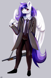 Size: 1287x1960 | Tagged: safe, artist:ske, imported from derpibooru, oc, oc only, anthro, pegasus, plantigrade anthro, clothes, coat, commission, female, gray background, gun, mare, necktie, shotgun, simple background, solo, weapon