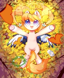 Size: 2500x3000 | Tagged: safe, artist:sakneko, imported from derpibooru, oc, oc only, bird, pegasus, pony, rabbit, animal, autumn, blue eyes, cheek fluff, coat markings, colored eartips, colored hooves, ear fluff, female, forest, freckles, happy, leaves, looking up, lying down, mare, on back, open mouth, pegasus oc, socks (coat markings), solo, spread arms, spread wings, underhoof, white rabbit, wings