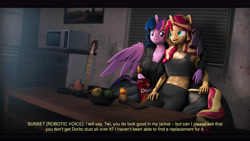 Size: 9600x5400 | Tagged: safe, artist:imafutureguitarhero, imported from derpibooru, sci-twi, sunset shimmer, twilight sparkle, alicorn, anthro, classical unicorn, robot, robot pony, unicorn, 3d, absurd file size, absurd resolution, amplifier, aperture, aperture iris, arm on shoulder, beanbag, beanbag chair, black bars, blinds, c:, cargo pants, cheek fluff, chest fluff, chest freckles, chips, chromatic aberration, clothes, coffee table, colored eyebrows, colored eyelashes, controller, dialogue, dialogue in the description, doritos, duo, ear fluff, ear freckles, electric guitar, female, film grain, fluffy, fluffy mane, food, freckles, fruit, fruit bowl, fur, glowing, glowing eyes, guitar, horn, hug, ipod, jacket, jeans, kitchen, leather jacket, leonine tail, lesbian, long hair, long mane, long nails, looking at someone, looking at something, microwave, missing accessory, multicolored hair, multicolored mane, musical instrument, no glasses, open mouth, painting, paintover, pants, peppered bacon, remote, revamped anthros, revamped ponies, roboticization, scitwilicorn, scitwishimmer, shimmerbot, shipping, shirt, short shirt, signature, sitting, smiling, soda, source filmmaker, story included, stove, subtitles, sunsetsparkle, table, tail, tail fluff, tanktop, text, twilight sparkle (alicorn), vulgar description, wall of tags, winghug, wings, xbox 360 controller