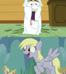 Size: 1920x2160 | Tagged: safe, edit, imported from derpibooru, bulk biceps, derpy hooves, on your marks, slice of life (episode), clubhouse, crusaders clubhouse, derpybulk, ear piercing, earring, female, hole, jewelry, male, piercing, shipping, shipping domino, smiling, straight