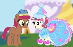 Size: 720x466 | Tagged: safe, artist:darlycatmake, imported from derpibooru, moondancer, oc, oc:cecilia lobbos, earth pony, pony, unicorn, beanie, canon x oc, clothes, dress, dressup, female, froufrou glittery lacy outfit, happy, hat, having fun, hennin, knight, knight rescues the princess, lesbian, looking at each other, looking at someone, love, playful, playing, princess, romance, romantic, shipping, shipping fuel, smiling, smiling at each other, when she smiles