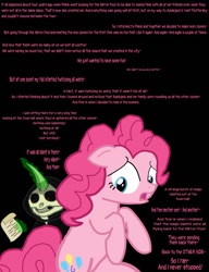 Size: 1042x1358 | Tagged: safe, artist:dendoctor, imported from derpibooru, pinkie pie, earth pony, pony, comic:clone.., alternate universe, black background, clone, comic, female, glowing, glowing horn, grim reaper, horn, magic, paper, pinkie clone, simple background, telekinesis, text
