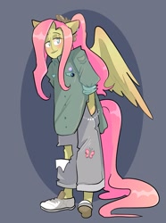 Size: 1193x1600 | Tagged: safe, artist:stevetwisp, imported from derpibooru, fluttershy, anthro, pegasus, alternate hairstyle, clothes, converse, cute, female, pants, ripped pants, shirt, shoes, shyabetes, solo, swag, torn clothes