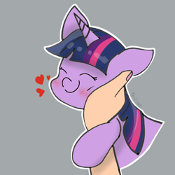 Size: 1200x1200 | Tagged: safe, artist:twiliset, imported from derpibooru, twilight sparkle, human, pony, unicorn, blushing, cute, eyes closed, female, floating heart, flushed face, gray background, hand, hand on cheek, happy, heart, human on pony petting, mare, offscreen character, petting, pov, simple background, smiling, touch, twiabetes, unicorn twilight