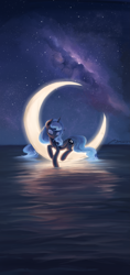 Size: 2211x4668 | Tagged: safe, artist:musical ray, imported from derpibooru, princess luna, alicorn, pony, crescent moon, eyes closed, female, galaxy, high res, lying down, mare, moon, night, ocean, prone, reflection, signature, sky, smiling, solo, stars, tangible heavenly object, transparent moon, wallpaper, water
