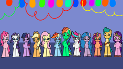 Size: 1920x1080 | Tagged: safe, artist:platinumdrop, imported from derpibooru, applejack, fluttershy, hitch trailblazer, izzy moonbow, pinkie pie, pipp petals, rainbow dash, rarity, sunny starscout, zipp storm, oc, oc:oliver, alicorn, earth pony, pegasus, unicorn, birthday, female, g4, g5, male, mare, one of these things is not like the others, request, shipping, stallion, straight