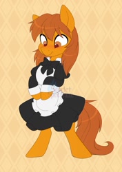 Size: 1010x1427 | Tagged: safe, artist:scarlet-spectrum, imported from derpibooru, part of a set, oc, oc only, oc:zip circuit, earth pony, pony, abstract background, bipedal, blushing, clothes, commission, crossdressing, earth pony oc, maid, male, smiling, stallion, watermark, ych result