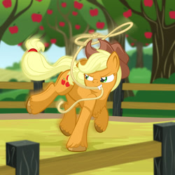 Size: 1920x1920 | Tagged: safe, artist:alexdti, imported from derpibooru, applejack, pony, apple, apple tree, fence, lasso, mouth hold, rope, solo, tree