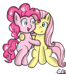 Size: 900x1000 | Tagged: safe, artist:freefraq, imported from derpibooru, fluttershy, pinkie pie, earth pony, pegasus, pony, duo, female, hug, one eye closed, open mouth, simple background, smiling, transparent background