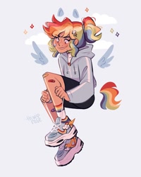 Size: 1080x1350 | Tagged: safe, artist:thwiprose, imported from derpibooru, rainbow dash, human, bandaid, blue background, clothes, female, hairclip, humanized, jacket, ponytail, shoes, shorts, simple background, sitting, sky background, sneakers, socks, solo, sports shorts, wings