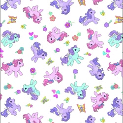 Size: 1131x1131 | Tagged: safe, imported from derpibooru, blossom, blue belle, cotton candy (g1), butterfly, earth pony, pony, blossomdorable, bluebellebetes, bow, cottoncandybetes, cute, female, flower, g1, heart, mare, official, pattern, retro, simple background, tail, tail bow, white background