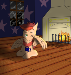 Size: 529x559 | Tagged: safe, artist:windy, imported from derpibooru, oc, oc only, oc:kayle rustone, pegasus, pony, chimney, chocolate, clothes, detailed background, fire, fireplace, food, green eyes, hot chocolate, male, mug, night, pegasus oc, scarf, snow, snowfall, solo, tired, two toned mane, wallpaper, wing hands, wings, wooden floor