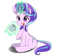 Size: 1618x1516 | Tagged: safe, artist:lucystormdrop, imported from derpibooru, starlight glimmer, pony, unicorn, coffee, coffee mug, cup, female, magic, mare, mug, simple background, sitting, solo, telekinesis, white background