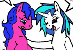 Size: 434x300 | Tagged: safe, artist:asuraludu, edit, editor:pagiepoppie12345, imported from derpibooru, dj pon-3, melody, vinyl scratch, earth pony, pony, unicorn, cropped, dialogue, female, horn, mare, one eye closed, open mouth, simple background, smiling, speech bubble, text, white background, wink