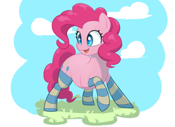 Size: 1645x1200 | Tagged: safe, artist:ahobobo, imported from derpibooru, pinkie pie, earth pony, pony, clothes, open mouth, open smile, smiling, socks, solo, stockings, striped socks, thigh highs