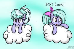 Size: 1800x1200 | Tagged: safe, artist:freefraq, imported from derpibooru, cloudchaser, flitter, pegasus, pony, bow, cloud, cute, cutechaser, dialogue, duo, female, hair bow, mare, siblings, twins