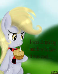 Size: 704x900 | Tagged: safe, artist:freefraq, imported from derpibooru, derpy hooves, pegasus, pony, before it was cool, clothes, female, food, hipster, mare, muffin, scarf, solo, that pony sure does love muffins, underp