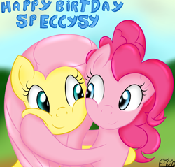 Size: 2000x1910 | Tagged: safe, artist:freefraq, imported from derpibooru, fluttershy, pinkie pie, earth pony, pegasus, pony, cute, duo, female, happy birthday, hug, looking at each other, looking at someone