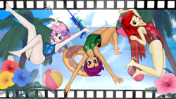 Size: 2560x1440 | Tagged: safe, artist:ratachu666, imported from derpibooru, apple bloom, scootaloo, sweetie belle, human, equestria girls, 3d, barefoot, beach, beach ball, breasts, clothes, cutie mark crusaders, feet, female, flower, inner tube, koikatsu, one-piece swimsuit, palm tree, swimsuit, tree, trio, watergun