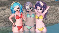 Size: 2560x1440 | Tagged: safe, artist:ratachu666, imported from derpibooru, cozy glow, diamond tiara, silver spoon, human, equestria girls, 3d, armpits, bikini, blue bikini, breasts, clothes, female, humanized, koikatsu, legs in the water, red bikini, swimsuit, trio, trio female, yellow bikini