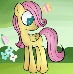 Size: 515x525 | Tagged: safe, artist:alandisc, imported from derpibooru, fluttershy, butterfly, pegasus, pony, female, flower, hair over one eye, no pupils, solo, teenager, younger