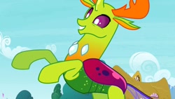 Size: 1280x720 | Tagged: safe, imported from derpibooru, screencap, thorax, changedling, changeling, season 7, triple threat, cute, grin, king thorax, male, raised hoof, rearing, smiling, solo, thorabetes