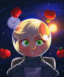 Size: 3417x4096 | Tagged: safe, artist:1an1, imported from derpibooru, applejack, apple, astronaut, food, hatless, missing accessory, planet, smiling, solo, space, spacesuit, stars, sun, zero gravity