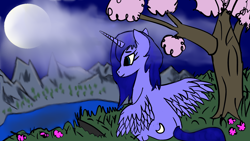 Size: 1920x1080 | Tagged: safe, artist:sc_orion, imported from derpibooru, princess luna, alicorn, pony, cloud, colored, female, flat colors, mare, moon, mountain, outdoors, partially open wings, s1 luna, sitting, solo, tree, water, wings