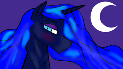 Size: 1920x1080 | Tagged: safe, artist:sc_orion, imported from derpibooru, nightmare moon, alicorn, pony, blue coat, blue eyes, blue mane, blushing, bust, crescent moon, eyeshadow, female, looking at you, makeup, mare, moon, nicemare moon, night, portrait, purple background, purple eyeshadow, side view, simple background, slit pupils, smiling, smiling at you, solo