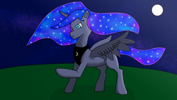 Size: 1920x1080 | Tagged: safe, artist:sc_orion, imported from derpibooru, princess luna, alicorn, pony, horn, missing accessory, moon, night, wings