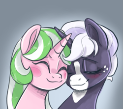 Size: 737x655 | Tagged: safe, artist:smirk, imported from derpibooru, oc, oc only, oc:lullaby, oc:zinnia, pony, unicorn, blushing, colored sketch, couple, cute, duo, eyes closed, female, freckles, horn, lesbian, oc x oc, shipping, simple background, unicorn oc