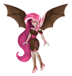Size: 1280x1356 | Tagged: safe, artist:dazzlingmimi, imported from derpibooru, fluttershy, human, equestria girls, bat wings, clothes, dress, long hair, nightmare flutterbat, nightmare fluttershy, nightmarified, red eyes, simple background, solo, transparent background, wings
