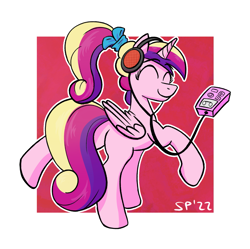 Size: 1557x1549 | Tagged: safe, artist:single purpose, imported from derpibooru, princess cadance, alicorn, pony, ^^, canterlot wedding 10th anniversary, dancing, eyes closed, female, headphones, mare, music player, passepartout, ponytail, scrunchie, solo, younger