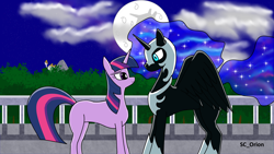 Size: 3840x2160 | Tagged: safe, artist:sc_orion, imported from derpibooru, nightmare moon, twilight sparkle, alicorn, pony, unicorn, armor, balcony, canterlot, cloud, ethereal mane, everfree forest, fanfic art, female, implied princess celestia, lesbian, mare in the moon, missing cutie mark, moon, shipping, smiling, spread wings, twimoon, wings