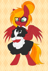 Size: 2019x2982 | Tagged: safe, artist:scarlet-spectrum, imported from derpibooru, part of a set, oc, oc only, oc:moonatik, pegasus, pony, abstract background, apron, bipedal, bowtie, clothes, commission, crossdressing, glasses, hair bun, maid, male, pegasus oc, solo, stallion, surprised, wings, ych result
