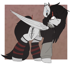 Size: 890x791 | Tagged: safe, artist:kirbirb, imported from derpibooru, oc, oc only, oc:scarlett lane, pegasus, pony, clothes, dyed mane, eyeshadow, fishnets, freckles, goth, leg warmers, long hair, makeup, male, piercing, redesign, solo